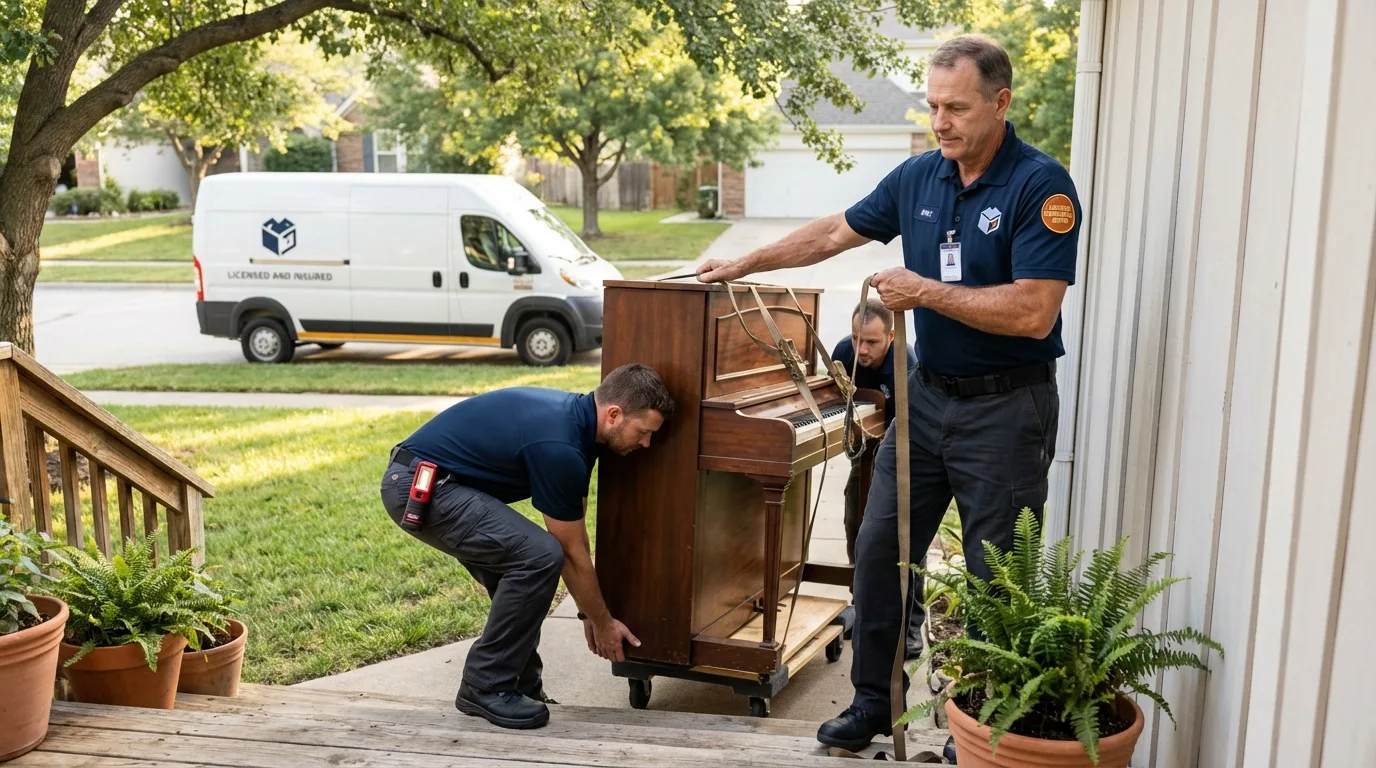 Licensed piano movers securing grand piano in Pineville, NC